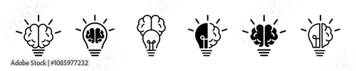 Set of creative idea vector icons. Brain and light bulb. Innovation, solution, invention symbols. Thinking sign. Vector 10 Eps.