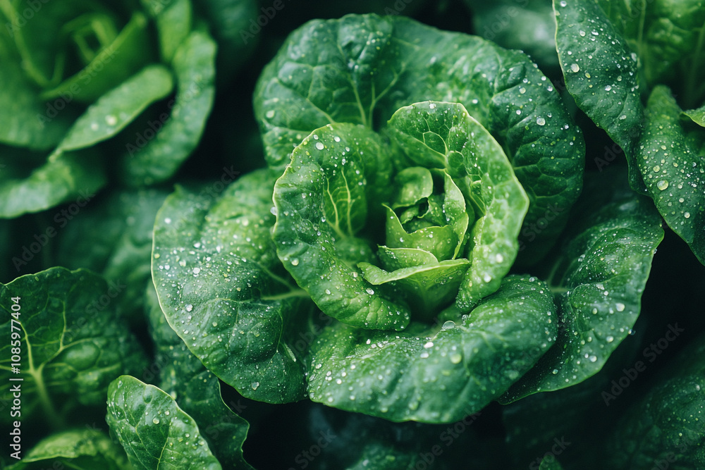 Dew Covered Green Lettuce Leaves In Garden Dew Covered Green Lettuce Leaves In Garden