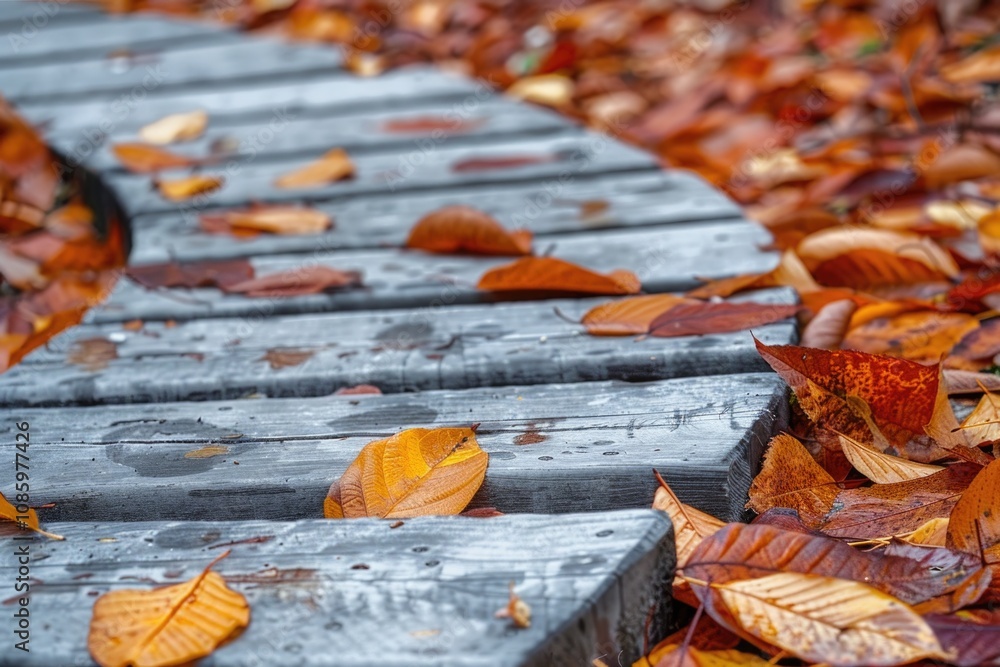 Close-up of a wooden walkway covered in leaves, great for environmental or nature-themed projects Close-up of a wooden walkway covered in leaves, great for environmental or nature-themed projects