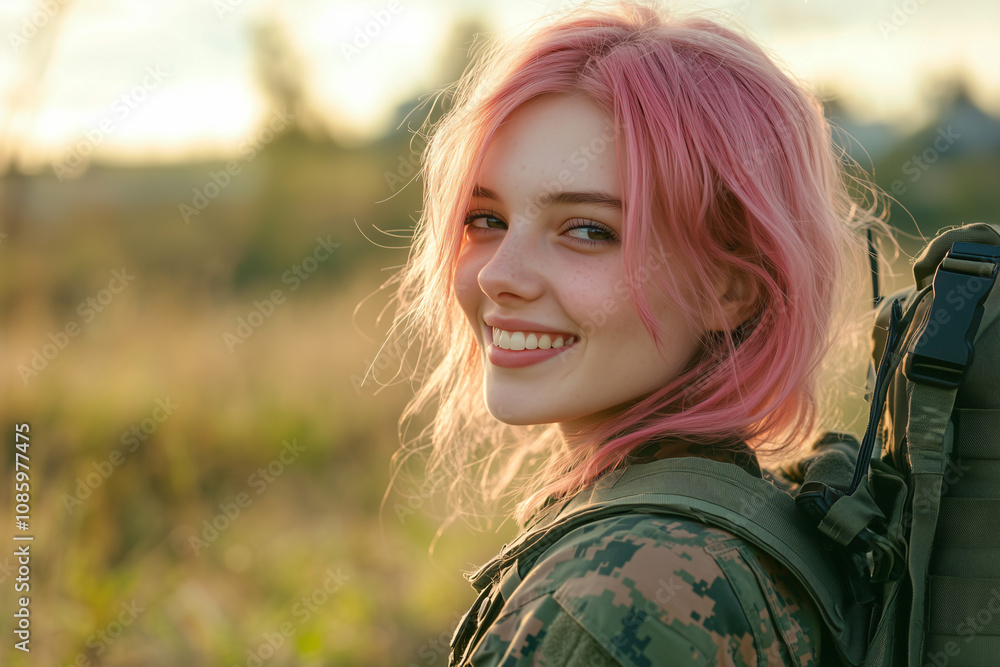 Young Pretty pink-haired girl at outdoors in military uniform Young Pretty pink-haired girl at outdoors in military uniform
