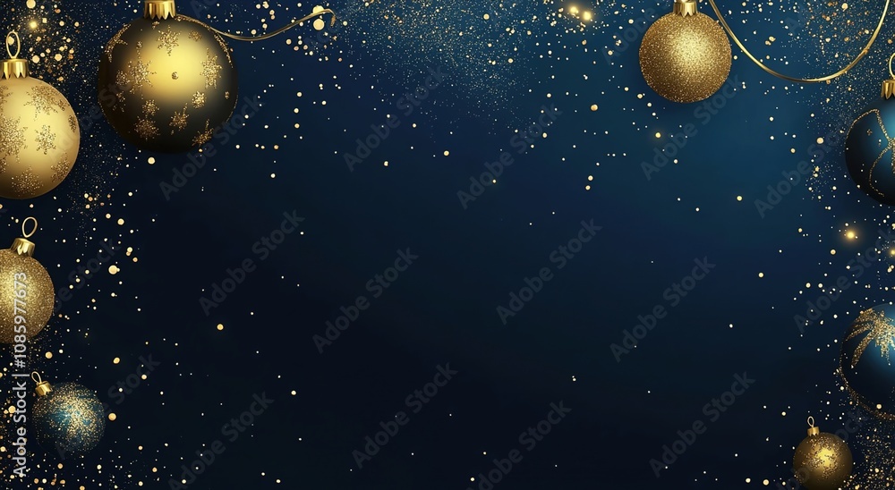 Fototapeta premium A dark blue background with gold glitter and Christmas ornaments 