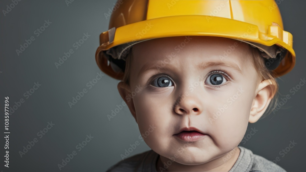 Future Builder: A close-up portrait of a toddler wearing a yellow hard hat, symbolizing dreams of construction and engineering, with a serious and captivating gaze. Future Builder: A close-up portrait of a toddler wearing a yellow hard hat, symbolizing dreams of construction and engineering, with a serious and captivating gaze.