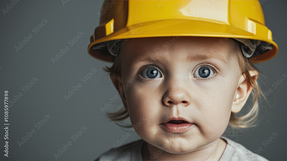 Toddler in Hard Hat: Close-up portrait of a curious toddler wearing a yellow hard hat, conveying themes of future potential, safety, and childhood curiosity. Toddler in Hard Hat: Close-up portrait of a curious toddler wearing a yellow hard hat, conveying themes of future potential, safety, and childhood curiosity.