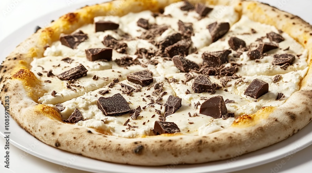 A white pizza with truffles, cheese, and chocolate pieces on top. A white pizza with truffles, cheese, and chocolate pieces on top.