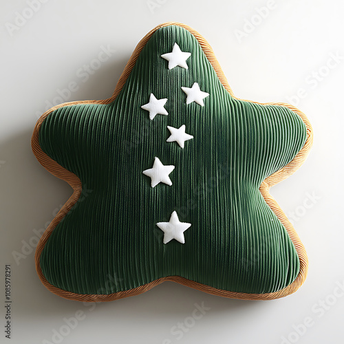 green corduroy cushion shaped like star, featuring white stars, adds playful touch to any decor. Perfect for cozy spaces and children rooms photo