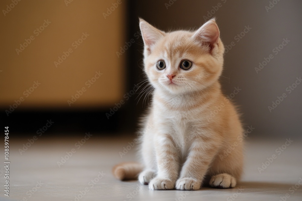 A small kitten sits on the floor looking directly at the camera A small kitten sits on the floor looking directly at the camera