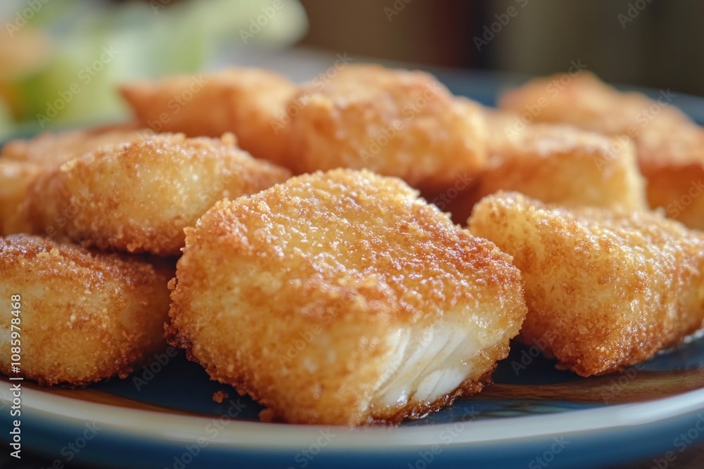 A plate filled with crispy fried tater tots, served on a blue background A plate filled with crispy fried tater tots, served on a blue background