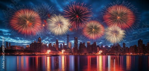 Beautiful New Years Eve fireworks over a city skyline, bright lights illuminating the dark night sky and reflecting in calm waters below