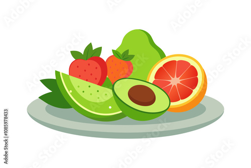 Minimalist Fruit Plate Perfectly Sliced Avocado, Grapefruit, and Strawberries