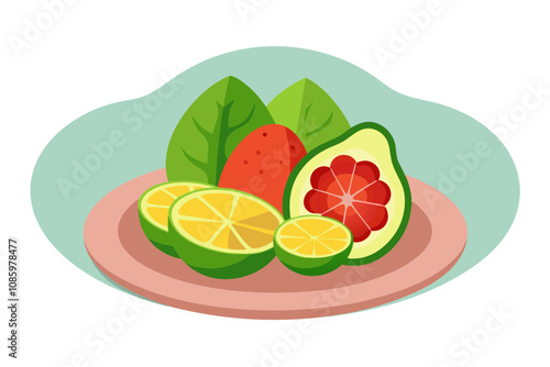 Minimalist Fruit Plate Perfectly Sliced Avocado, Grapefruit, and Strawberries