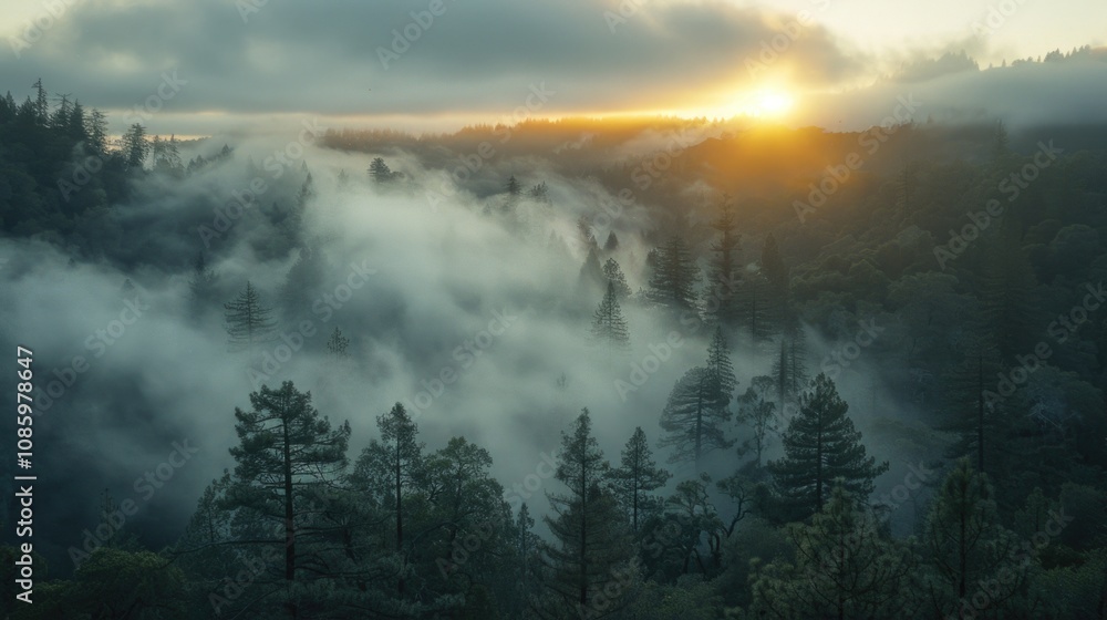 A serene sunset scene set against a backdrop of misty trees, perfect for use in nature-inspired designs A serene sunset scene set against a backdrop of misty trees, perfect for use in nature-inspired designs