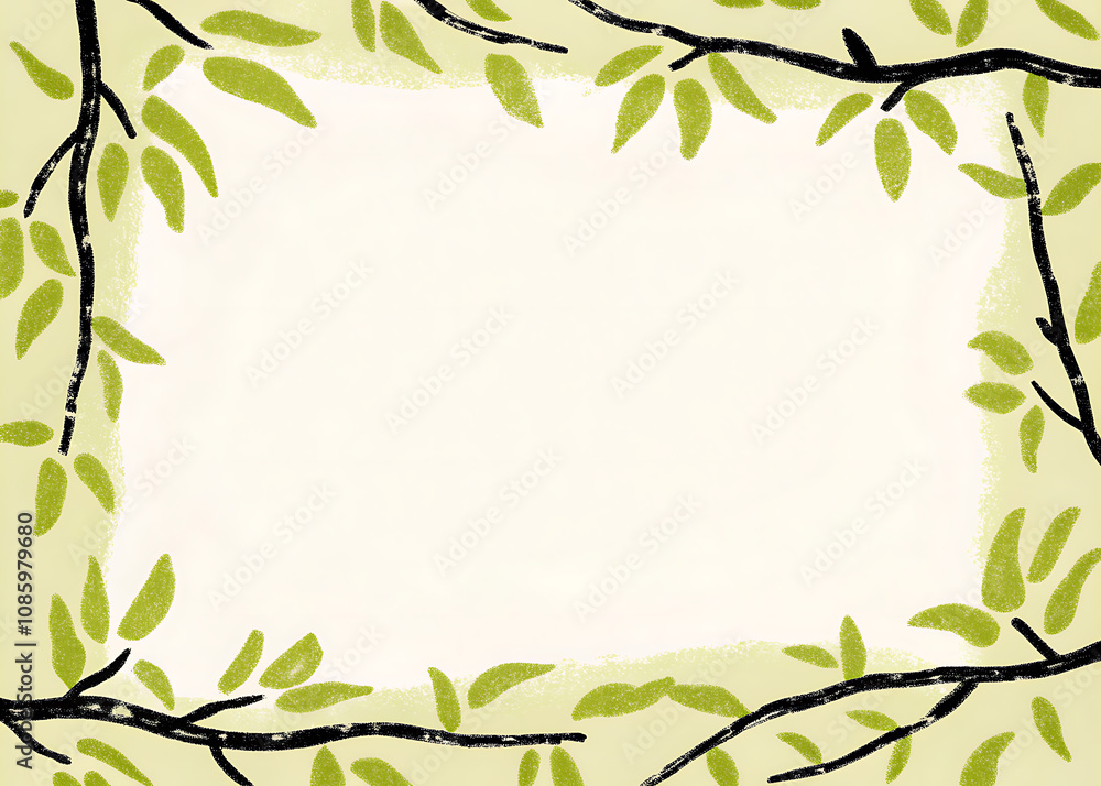 Fototapeta premium Rectangular frame with green leaves and eucalyptus branches with empty space inside, watercolor painting