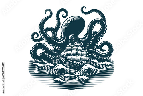 Kraken monster octopus  and a ship on the waves. Vintage vector engraving illustration, emblem, logo, print, tattoo
