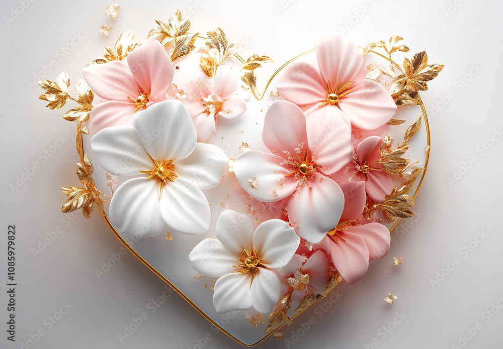 Obraz premium A heart-shaped cake decorated with sugar flowers in shades of pink and white