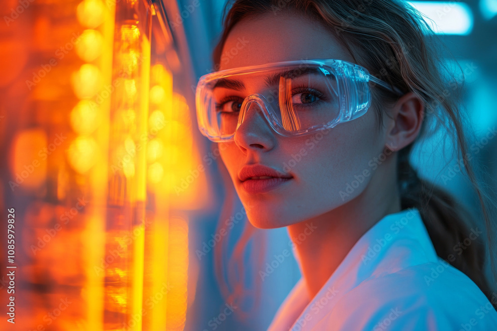 A female scientist in protective glasses is captured in a close-up, her visionary, innovative nature evident. The futuristic realism style highlights her skill and focus A female scientist in protective glasses is captured in a close-up, her visionary, innovative nature evident. The futuristic realism style highlights her skill and focus