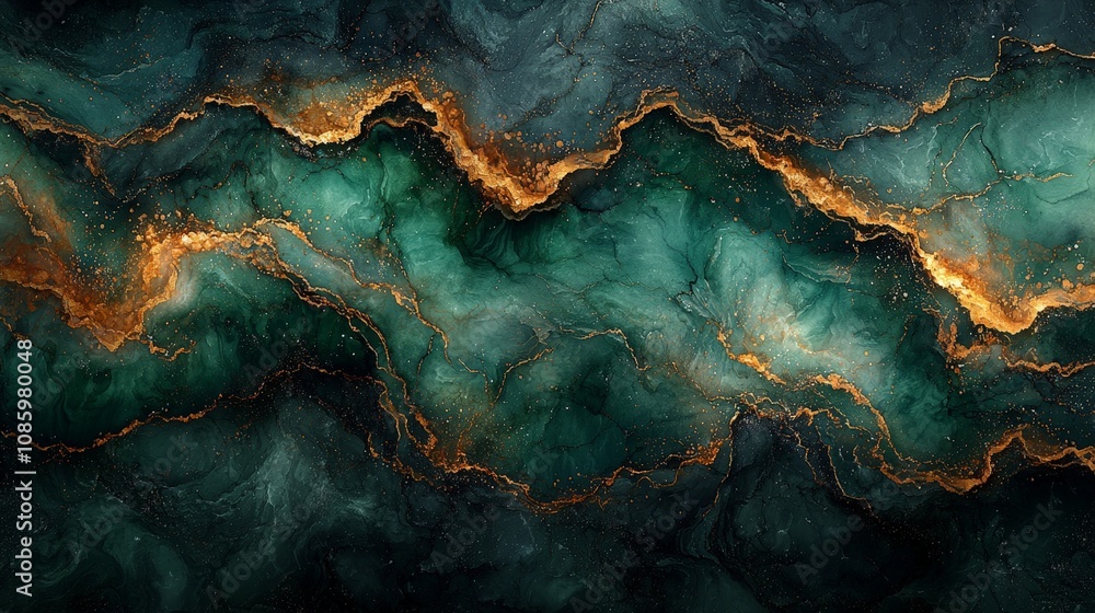 A vibrant abstract design featuring swirling green and gold patterns. A vibrant abstract design featuring swirling green and gold patterns.