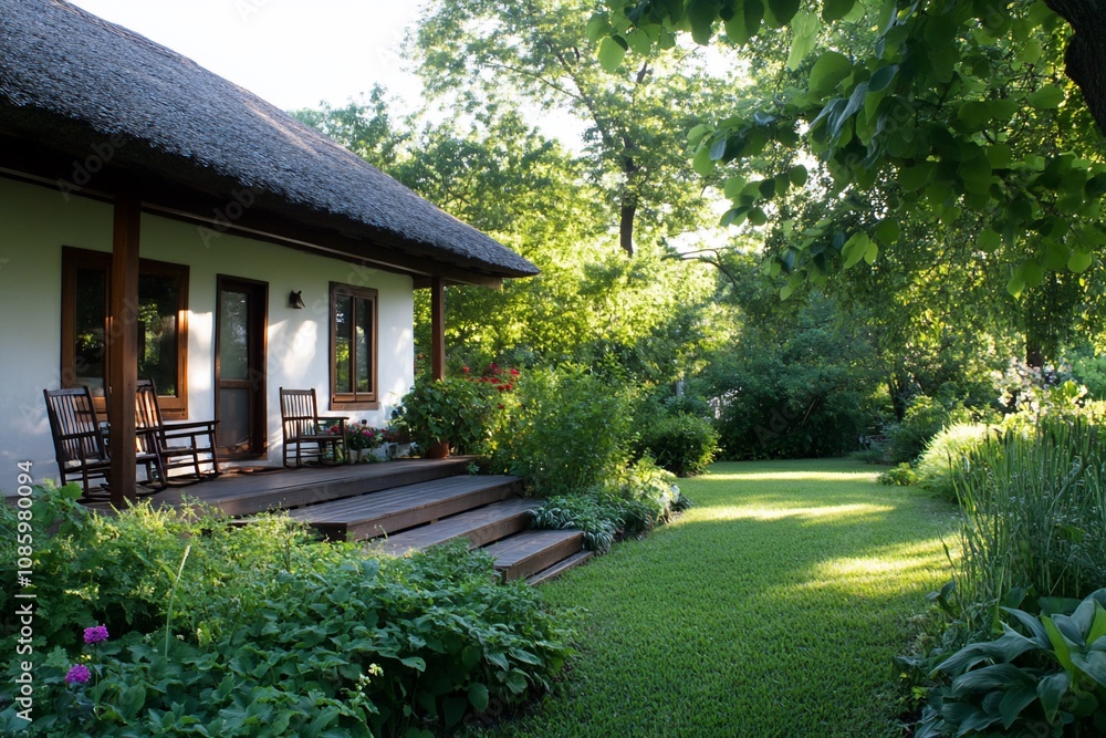 A serene garden view featuring a cozy house and lush greenery. A serene garden view featuring a cozy house and lush greenery.