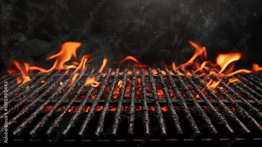 Grill background with an empty fired barbecue on black, perfect for food and cooking themes. Grill background with an empty fired barbecue on black, perfect for food and cooking themes.
