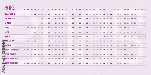 Calendrier 2025, Dates Horizontales, couleur violet