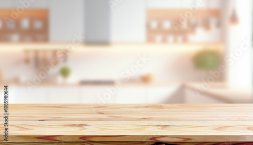 Empty wooden table front kitchen, blurred background, orange tone morning or evening, warm mood. Modern minimal style wood counter, decorated textured patterns, display food ,home decoration products.