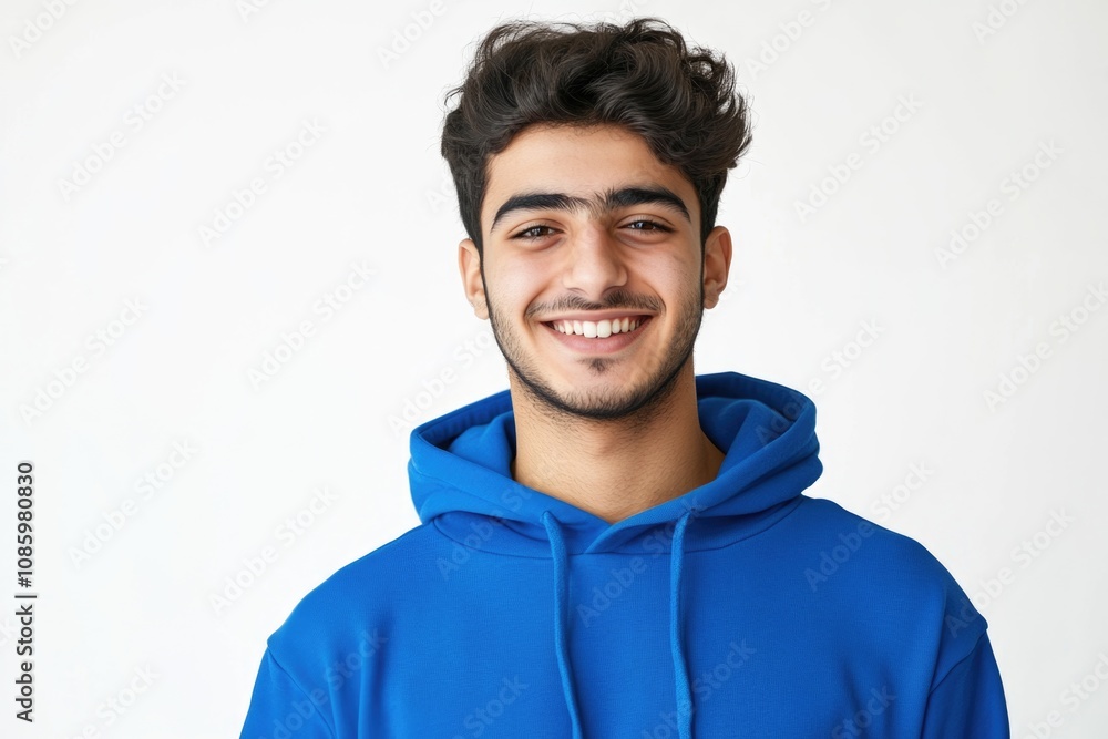 A person wearing a blue hoodie and smiling directly at the camera A person wearing a blue hoodie and smiling directly at the camera