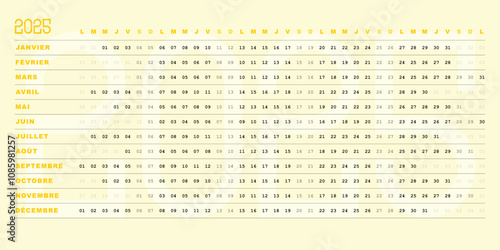 Calendrier 2025 jaune avec Dates Horizontales