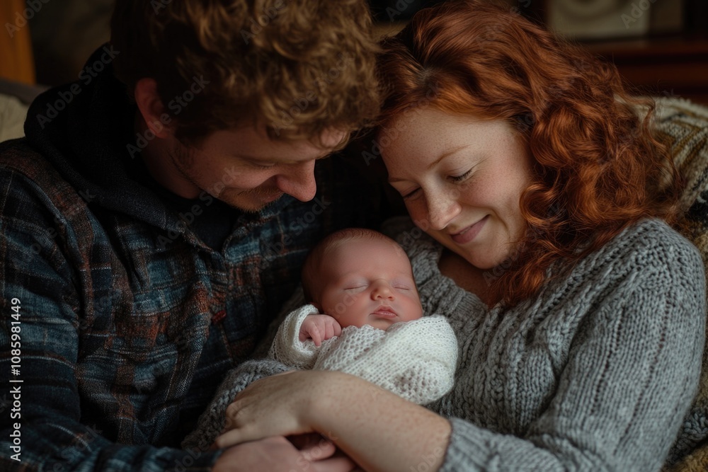 A loving couple holds their newborn baby, expressing joy and pride A loving couple holds their newborn baby, expressing joy and pride