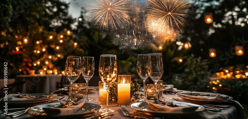 Sophisticated New Years Eve outdoor dinner, candlelit table, and sparkling glassware set in a garden with a backdrop of fireworks photo