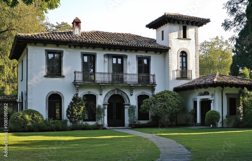 Elegant Mediterranean-style villa with lush garden and charming architectural details, surrounded by trees in a serene outdoor setting showcasing tranquility and beauty