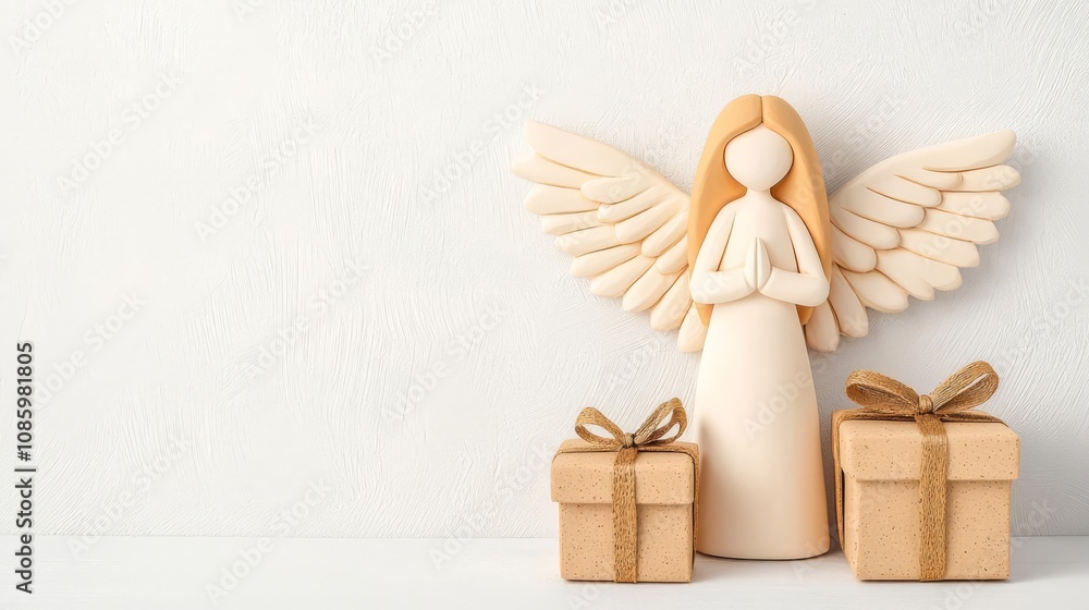 Fototapeta premium Wooden angel figure with gift boxes decoration.