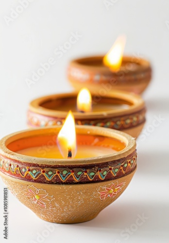 Diwali candles on white background.