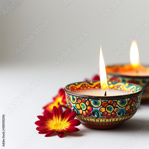 Diwali candles on white background.