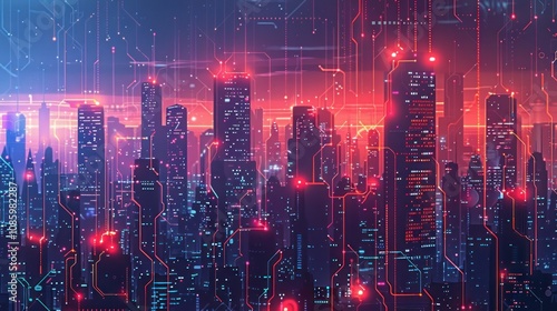 Futuristic cityscape with glowing red and blue circuit board patterns, digital city, abstract cyberpunk, neon lights.