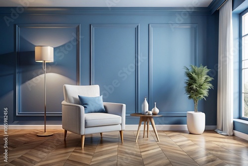 Wallpaper Mural Modern living room interior, soft blue wall paneling, gray armchair, floor lamp, wooden side table, potted plant, herringbone wood flooring, large window, minimalist decor, cozy atmosphere, muted colo Torontodigital.ca