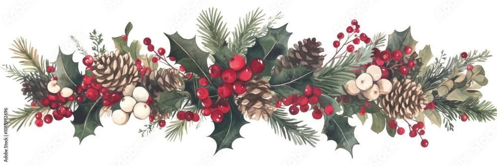 Fototapeta premium A watercolor, detailed illustration of an elegant Christmas garland featuring red and white berries, holly leaves, and pine cones in a light green hue, ideal for holiday invitations, greeting cards