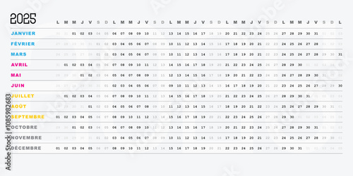 Calendrier 2025, Design creatif et Minimaliste avec Dates Horizontales, couleurs d'impression CMJN