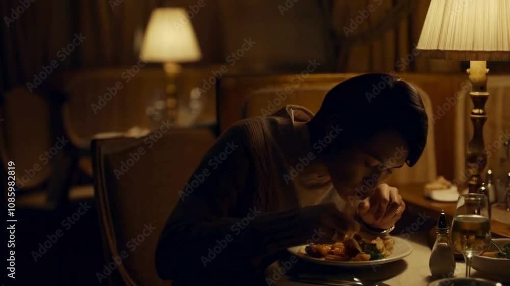 Woman Eating Dinner in a Dimly Lit Restaurant Woman Eating Dinner in a Dimly Lit Restaurant