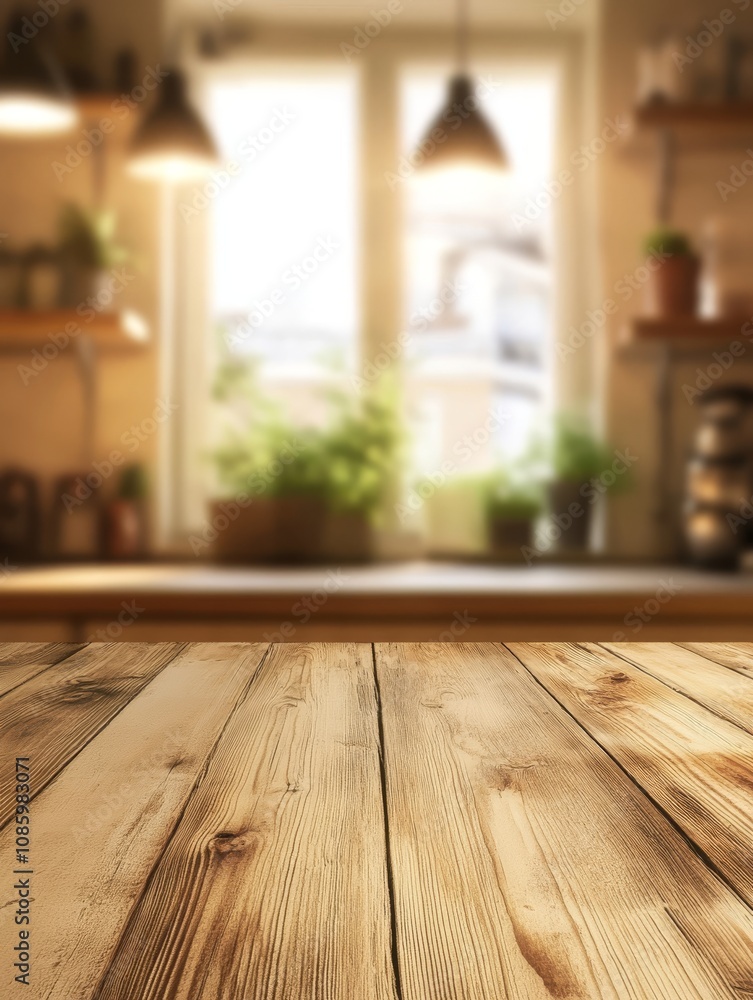 A cozy kitchen scene shows a slightly blurred wooden countertop bathed in soft natural light from the window, ideal for showcasing various culinary delights and creative kitchen creations A cozy kitchen scene shows a slightly blurred wooden countertop bathed in soft natural light from the window, ideal for showcasing various culinary delights and creative kitchen creations