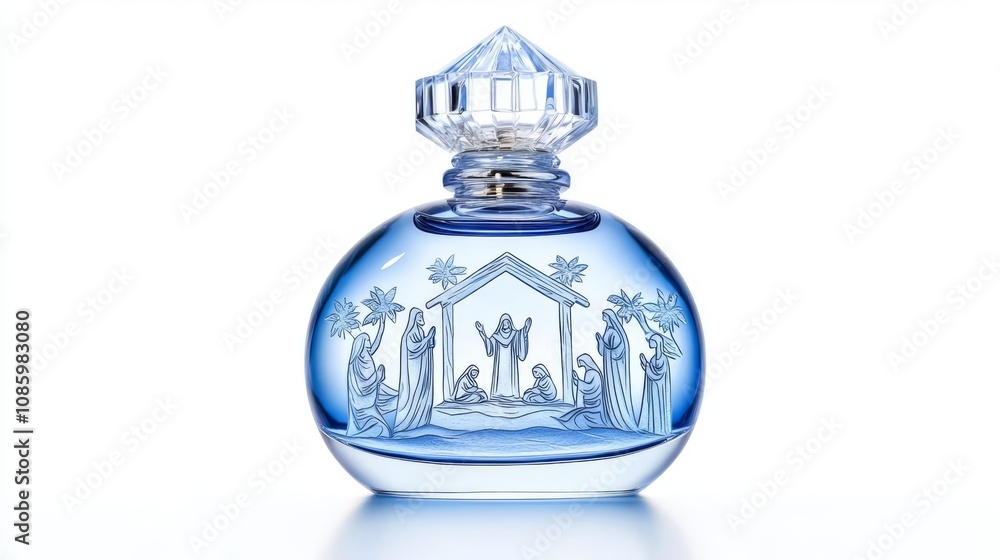 Elegant blue glass bottle with intricate design. Elegant blue glass bottle with intricate design.