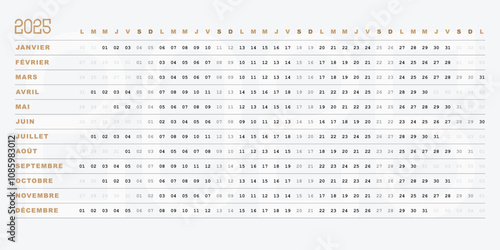 Calendrier 2025, Design simple avec Dates Horizontales