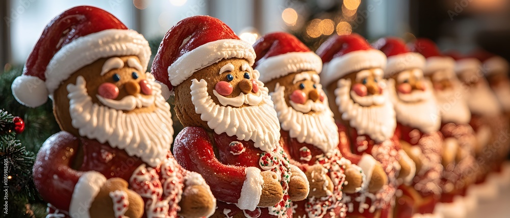 Adorable gingerbread Santa figures lined up, showcasing festive spirit and holiday cheer. Perfect for Christmas-themed decorations and treats. Adorable gingerbread Santa figures lined up, showcasing festive spirit and holiday cheer. Perfect for Christmas-themed decorations and treats.