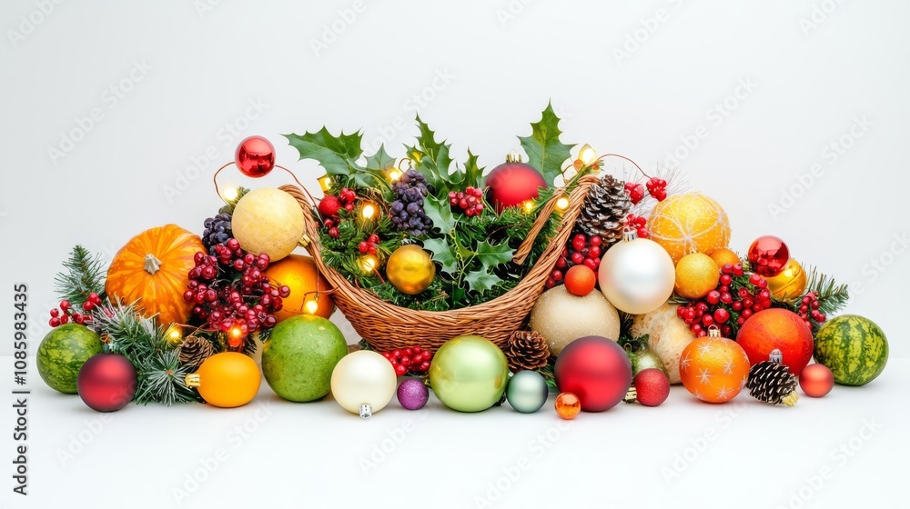 Colorful festive arrangement of seasonal fruits.