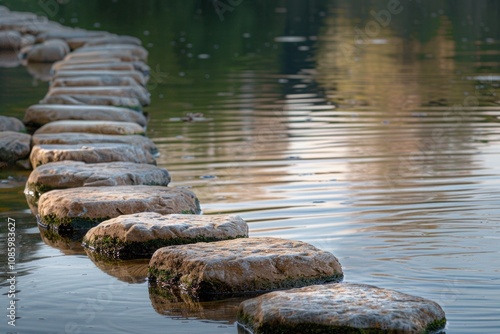 A row of stepping stones in a body of water, perfect for use in travel or adventure images photo