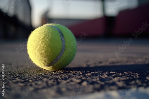 A tennis ball sits alone on a tennis court, perfect for a sporting illustration or theme