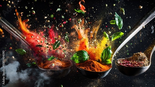 Fototapeta Naklejka Na Ścianę i Meble -  A selection of spices being sprinkled with spoons