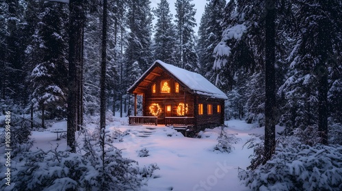 A cozy Christmas cabin in a snowy forest with warm light