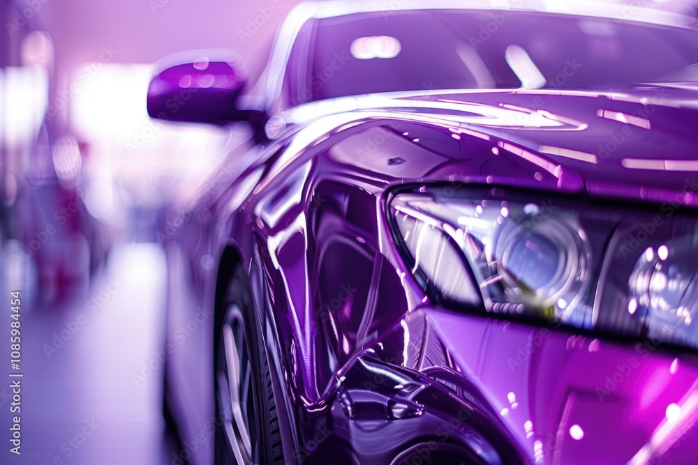 A close-up view of a purple car in a showroom, highlighting its design and features A close-up view of a purple car in a showroom, highlighting its design and features