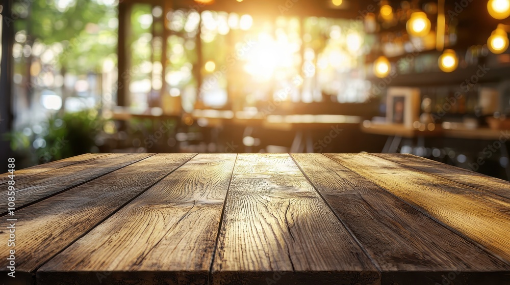 Empty rustic wood table with blurred soft light in a restaurant, ideal for product display and business presentation. Empty rustic wood table with blurred soft light in a restaurant, ideal for product display and business presentation.