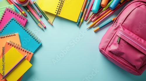 Wallpaper Mural classroom desk filled with various school supplies, including notebooks, pencils, markers, and a backpack Torontodigital.ca
