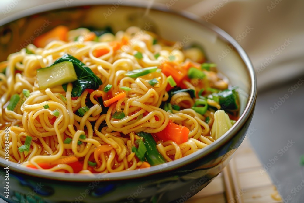 A bowl filled with noodles and various vegetables placed on a table for consumption A bowl filled with noodles and various vegetables placed on a table for consumption